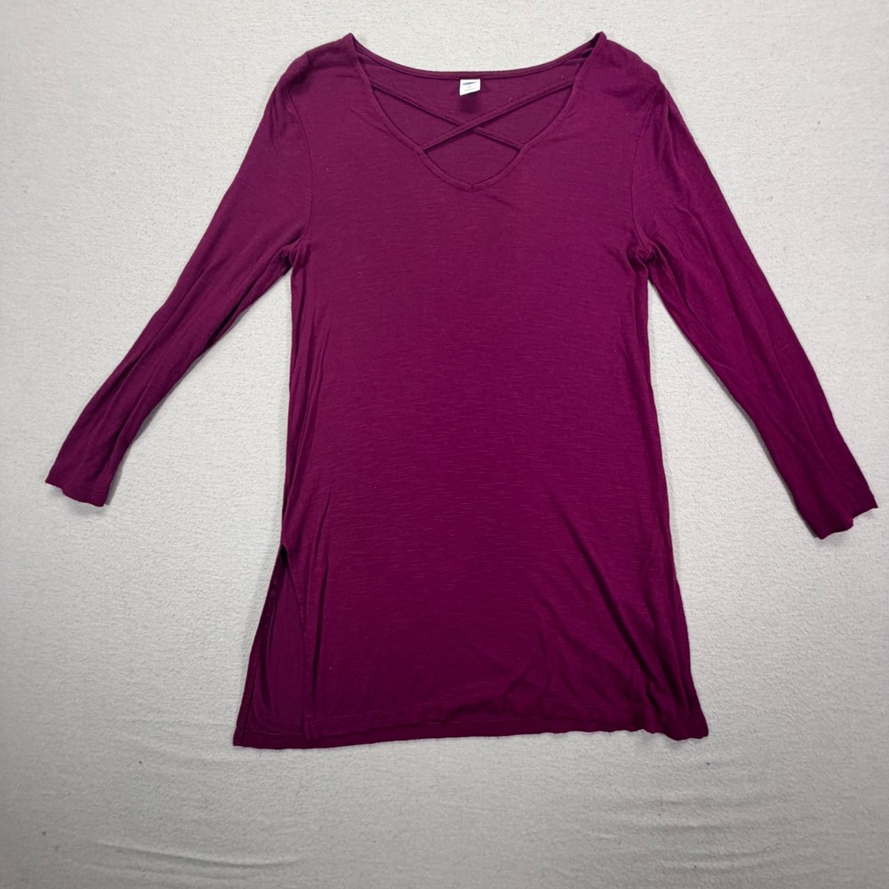 Old Navy Tunic Top Womens XS Good Purple Strappy V-Neck Long Sleeve Side Slit